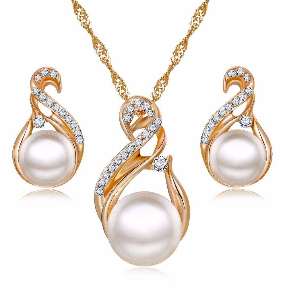 Women's Pearl Drop Earrings and Necklace Set