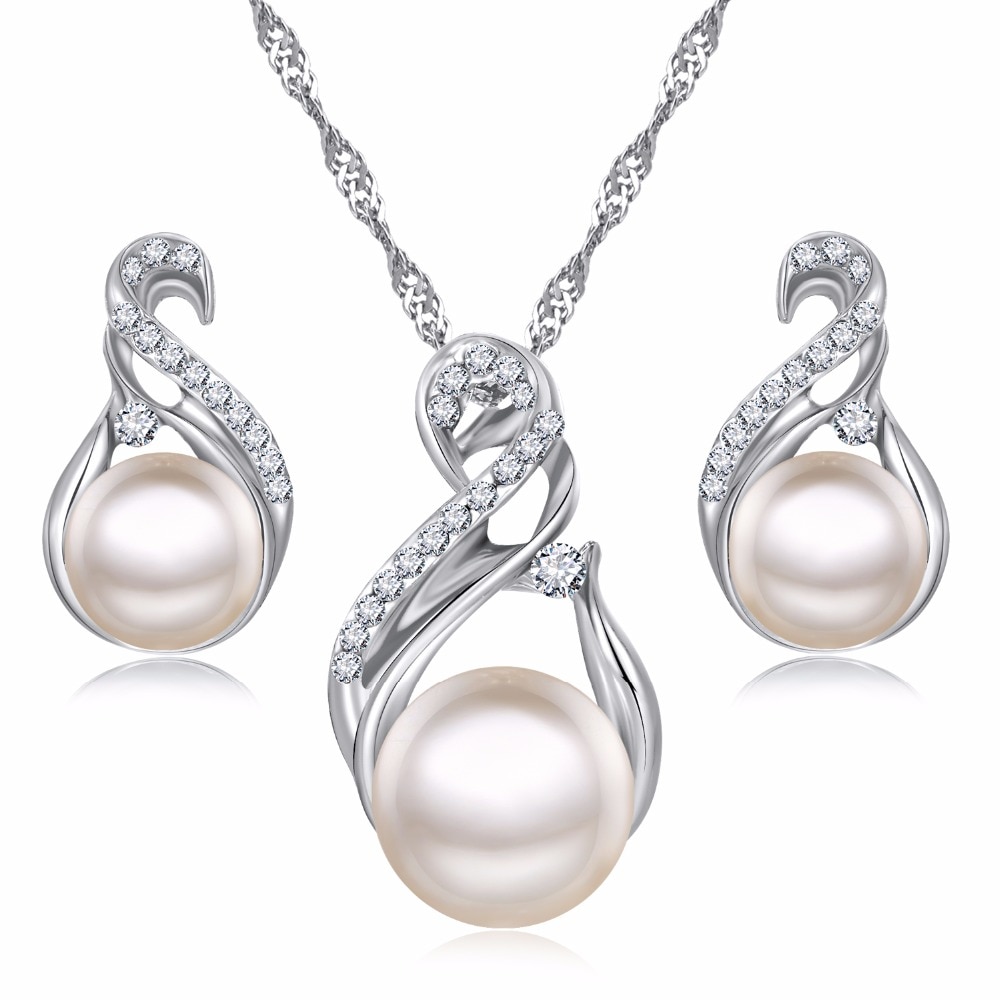 Women's Pearl Drop Earrings and Necklace Set