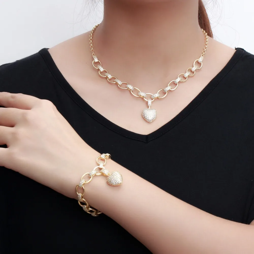 Women's Golden Heart Bracelet and Necklace Set