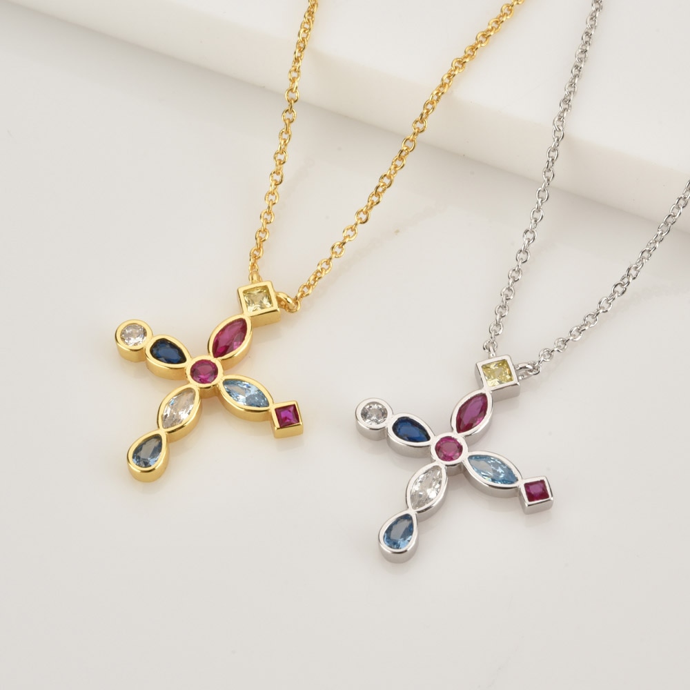 925 Sterling Silver Gold Cross Pendant Jewelry Set